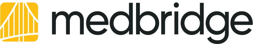 The medBridge logo features a black font with a yellow abstract bridge design on the left.